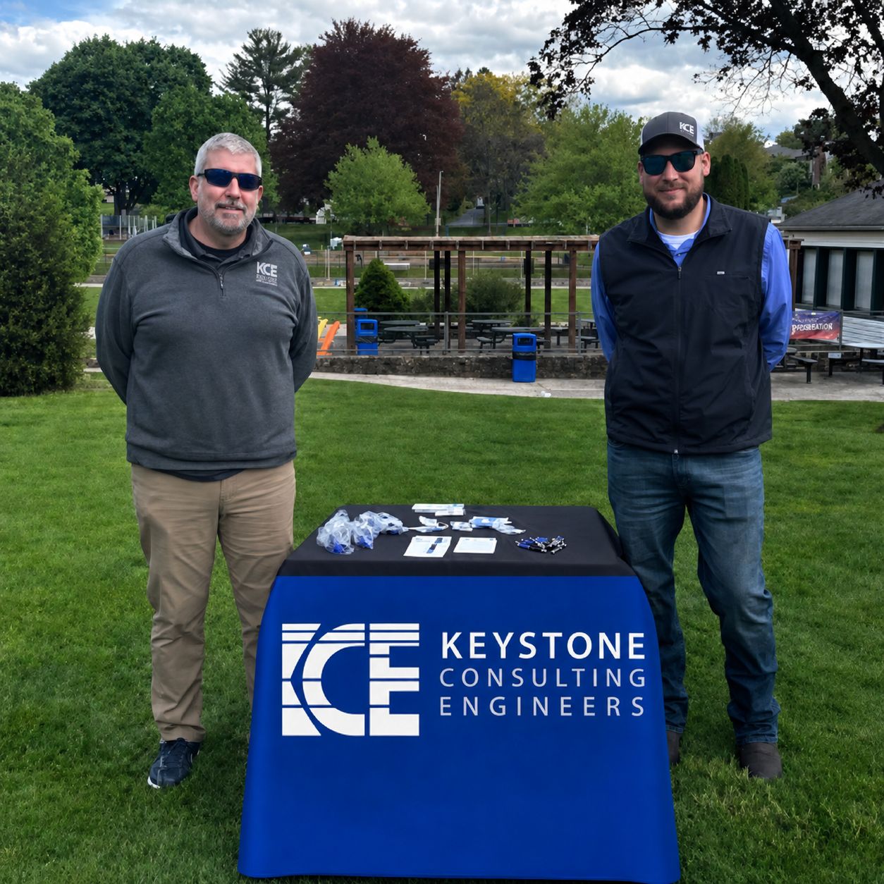 two KCE members standing by a KCE sign